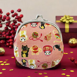 JZZFA303-585-PI : Japanese Traditional Chirimen Gamaguchi Coin Purse Lucky Charm Design (Pink)