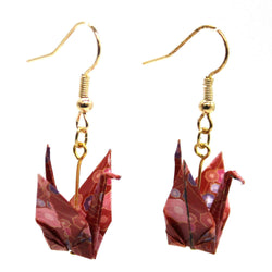 JZZNNFOTP-RD : Japanese Traditional Origami Tsuru Bird Crane Design Earrings (Red/Pink)