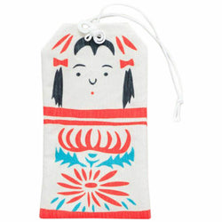 JZZKAYA72UP0203-KOKE : Omamori Bag - Good Luck Charm Bag w/ Folk Art and Good Luck Motifs Kokeshi Doll