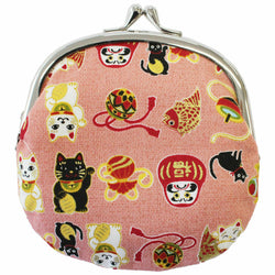 JZZFA303-585-PI : Japanese Traditional Chirimen Gamaguchi Coin Purse Lucky Charm Design (Pink)