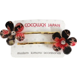 JZZCOCO8358-201 : Japanese Chirimen Made Sakura Cherry Blossoms Design Hair Pin (Set of 2) Black