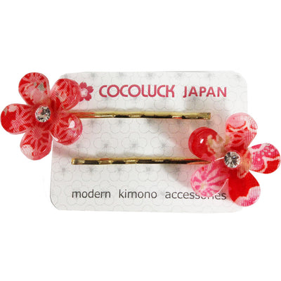 JZZCOCO8358-203 : Japanese Chirimen Made Sakura Cherry Blossoms Design Hair Pin (Set of 2) Red