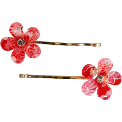 JZZCOCO8358-203 : Japanese Chirimen Made Sakura Cherry Blossoms Design Hair Pin (Set of 2) Red