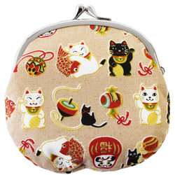 JZZFA303-585-BE : Japanese Traditional Chirimen Gamaguchi Coin Purse Lucky Charm Design (Beige)