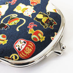 JZZFA303-585-NV : Japanese Traditional Chirimen Gamaguchi Coin Purse Lucky Charm Design (Navy)