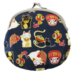 JZZFA303-585-NV : Japanese Traditional Chirimen Gamaguchi Coin Purse Lucky Charm Design (Navy)