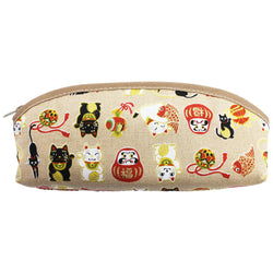 JZZFA303-587-BE : Manekineko Daruma Doll Design Pen Pencil Case Pouch Makeup Cosmetic Bag (Beige)