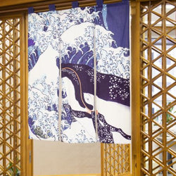 JZZKAYA7INP0302-KUJIRA : Noren Japanese Doorway Curtain - Ukiyo-e Whale in Big Waves Design