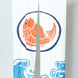 JZZKAYA7ISP8232-TAIWH : Noren Japanese Doorway Curtain - Lucky Charm Tai Sea Bream Print (Long/White)